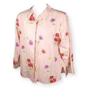 Coldwater Creek Pink Floral Button Silk Linen Womens Blouse XL